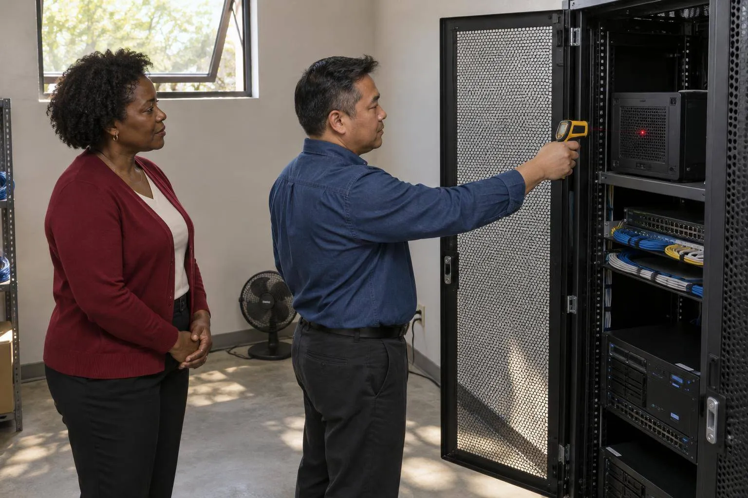 A consultant aims a handheld infrared thermometer at a small server's vent while a law firm partner watches beside an open cabinet.